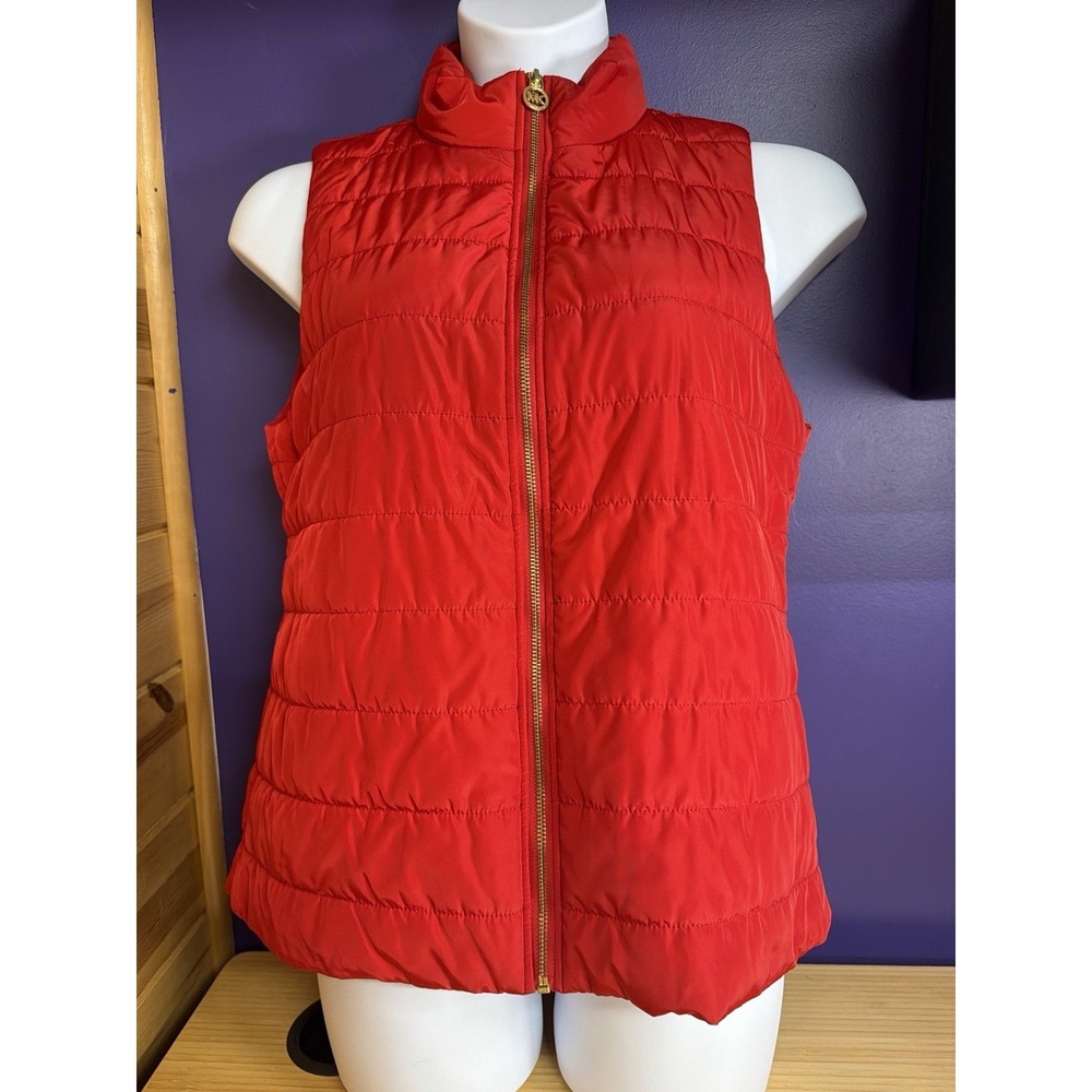 Michael Kors Red Puffer Vest Womens Large Quilted Zip Front Gold Tone